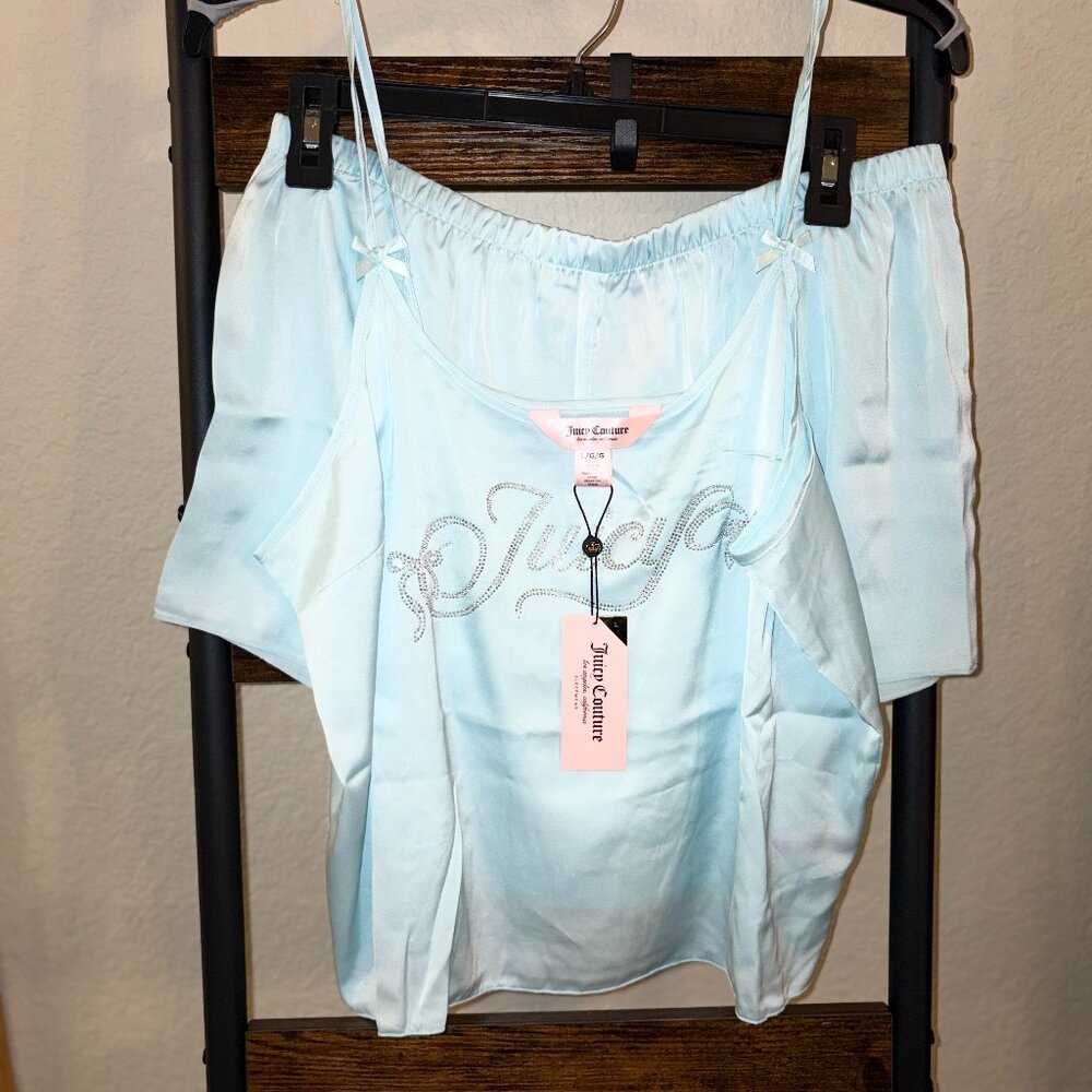 Juicy Couture Satin Pajama Set Blue Rhinestone Logo Cami Shorts NWT Size L